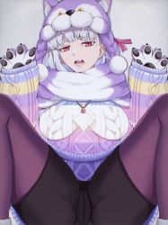 Rule 34 | 1girl, animal costume, animal hands, badge, blush, braid, breasts, crotch, fate/grand order, fate (series), gloves, grey pants, hair ribbon, kama (dream portrait) (fate), kama (fate), long sleeves, looking at viewer, medium breasts, multicolored clothes, multicolored sweater, nikumaki43, open mouth, pants, pantyhose, paw gloves, purple scarf, red eyes, ribbon, scarf, short hair, solo, spread legs, sweater, twin braids, white background, white hair