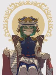 Rule 34 | 1girl, asymmetrical hair, blue dress, blue hat, blunt bangs, breasts, bright pupils, buttons, closed mouth, commentary request, dress, epaulettes, expressionless, feet out of frame, frilled dress, frilled hat, frills, green eyes, green hair, hat, highres, holding, holding scroll, long sleeves, looking at viewer, medium bangs, medium breasts, medium hair, one eye closed, red ribbon, ribbon, ryouryou, scroll, shaded face, shiki eiki, shirt, sitting, sleeve ribbon, solo, sun symbol, throne, touhou, white background, white pupils, white ribbon, white shirt