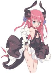 Rule 34 | black skirt, blade (galaxist), bow, clothes lift, dress, dress lift, elizabeth bathory (brave) (fate), elizabeth bathory (fate), elizabeth bathory (fate/extra ccc), elizabeth bathory (first ascension) (fate), fate/grand order, fate (series), horns, panties, pink hair, pointy ears, simple background, skirt, solo, striped clothes, striped panties, tail, underwear, white background