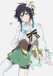 Rule 34 | 1boy, absurdres, androgynous, argyle, argyle clothes, argyle legwear, ascot, bad id, bad twitter id, black hair, blue flower, blue hair, bouquet, bow, braid, cimcirimciii, collared shirt, commentary, corset, english commentary, feathers, flower, frilled sleeves, frills, genshin impact, gradient hair, green eyes, green shorts, hair flower, hair ornament, heart, highres, leaf, long sleeves, looking at viewer, male focus, multicolored hair, open mouth, pantyhose, pinwheel, purple flower, red flower, shirt, short hair with long locks, shorts, simple background, smile, solo, twin braids, venti (genshin impact), vision (genshin impact), white background, white flower, white pantyhose, white shirt