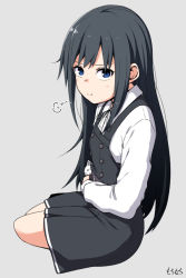 Rule 34 | 1girl, asashio (kancolle), black dress, black hair, blue eyes, blush, buttons, closed mouth, collared shirt, dress, grey background, kantai collection, long hair, long sleeves, looking at viewer, moti coi, pinafore dress, shirt, signature, simple background, sleeveless dress, solo, white shirt