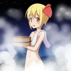 Rule 34 | 1girl, :d, blonde hair, bucket, cato (monocatienus), commentary request, convenient censoring, flat chest, hair ribbon, navel, night, nude, open mouth, red eyes, ribbon, rumia, short hair, sky, smile, solo, star (sky), starry sky, steam, steam censor, touhou, towel, very short hair, wooden bucket