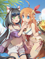 Rule 34 | 2girls, ahoge, animal ear fluff, animal ears, bare shoulders, bikini, bikini under clothes, black bikini, black hair, blue eyes, blue sky, blush, bowl, breasts, brown hair, bubble tea, cat ears, cat girl, cat tail, cleavage, closed mouth, cloud, commentary request, cup, day, disposable cup, drinking, drinking straw, eyewear on head, fang, food, green eyes, hair between eyes, hair ribbon, holding, holding cup, holding tray, jacket, karyl (princess connect!), karyl (summer) (princess connect!), large breasts, long hair, low twintails, multicolored hair, multiple girls, off shoulder, open clothes, open fly, open jacket, open mouth, open shorts, outdoors, pecorine (princess connect!), pecorine (summer) (princess connect!), princess connect!, purple jacket, red ribbon, ribbon, shadowsinking, short shorts, shorts, sky, smile, streaked hair, sunglasses, swimsuit, tail, thigh strap, tray, twintails, very long hair, white bikini, white hair, white shorts, wrist cuffs