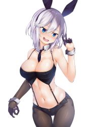 Rule 34 | animal ears, asymmetrical sleeves, azur lane, bare shoulders, blue eyes, blush, breasts, cleavage, collarbone, cowboy shot, eyebrows, fake animal ears, garter straps, hip focus, leotard, mole, mole on breast, navel, necktie, open mouth, pantyhose, playboy bunny, rabbit ears, shimo (shimo332215), short hair, simple background, solo, stomach, sweat, sweatdrop, thigh gap, thighs, uneven sleeves, v, washington (azur lane), white background, white hair, wrist cuffs