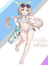 Rule 34 | 1girl, :d, anklet, armpits, bag, bikini, blue archive, collarbone, commentary request, detached sleeves, eyewear on head, frilled bikini, frills, full body, hair between eyes, halo, handbag, hifumi (blue archive), hifumi (swimsuit) (blue archive), highres, hoshitsuki higan, jewelry, long hair, looking at viewer, low twintails, navel, official alternate costume, open mouth, peroro (blue archive), pointing, pointing at viewer, sandals, see-through, short sleeves, sidelocks, simple background, smile, solo, spaghetti strap, standing, standing on one leg, stomach, sunglasses, swimsuit, twintails, white bikini, wing hair ornament