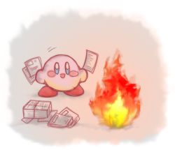 Rule 34 | blue eyes, blush stickers, burning, fire, highres, kirby, kirby (series), mikan 38knight, nintendo, no humans, open mouth, paper, smile, solo
