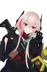 Rule 34 | 1girl, assault rifle, banana (girls&#039; frontline), black gloves, claw pose, commentary request, girls&#039; frontline, gloves, grin, gun, hair between eyes, headgear, highres, jacket, looking at viewer, m4 sopmod ii, m4 sopmod ii (girls&#039; frontline), m4 sopmod ii (mod3) (girls&#039; frontline), mechanical arms, mod3 (girls&#039; frontline), multicolored hair, natri999, pink hair, red eyes, red hair, rifle, simple background, single glove, single mechanical arm, smile, solo, streaked hair, upper body, weapon, white background