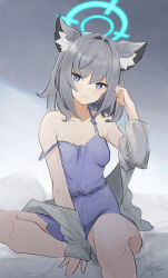 Rule 34 | 1girl, animal ear fluff, animal ears, arm support, bed, blue archive, blue camisole, blue eyes, blue halo, blue shorts, blush, camisole, commentary, grey hair, grey jacket, halo, highres, jacket, looking at viewer, medium hair, mismatched pupils, punished pigeon, shiroko (blue archive), shorts, sleepwear, solo, strap slip, waking up, wolf ears