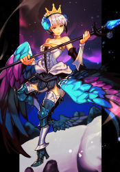 Rule 34 | 1girl, armor, armored dress, black armor, breasts, cleavage, crown, dress, gwendolyn (odin sphere), hungry clicker, leg wings, medium breasts, multicolored wings, odin sphere, polearm, short hair, silver hair, solo, spear, strapless, strapless dress, valkyrie, vanillaware, weapon, wings