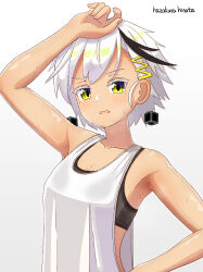 Rule 34 | 1girl, arm up, armpits, artist name, bare shoulders, black hair, blush, breasts, breath, collarbone, colored eyelashes, cube, female focus, floating, floating object, gradient background, green eyes, hair ornament, hairclip, hand on own head, hand on own hip, hazakura hinata, highres, looking at viewer, low-cut armhole, multicolored hair, open mouth, original, see-through, shiny skin, shirt, short hair, sidelocks, signature, simple background, sleeveless, sleeveless shirt, small breasts, solo, sports bra, standing, streaked hair, sweat, two-tone hair, upper body, v-shaped eyebrows, white background, white hair, white shirt