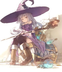 Rule 34 | 1girl, adachi jun, bag, bare shoulders, boots, bottle, coin, dress, full body, garter straps, grey hair, hat, high heels, long hair, looking at viewer, mimic, mimic chest, original, sitting, solo, staff, thighhighs, witch hat, yellow eyes