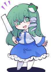 Rule 34 | 1girl, bare shoulders, blue skirt, blush stickers, chahan (fried rice0614), detached sleeves, frog hair ornament, full body, gohei, green eyes, green hair, hair between eyes, hair ornament, highres, holding, japanese clothes, kochiya sanae, long hair, nontraditional miko, one-hour drawing challenge, open mouth, simple background, skirt, smile, snake hair ornament, solo, touhou, white background, white legwear, white sleeves, wide sleeves