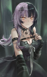 Rule 34 | 1girl, absurdres, black choker, black dress, black hair, black nails, breasts, choker, cleavage, dress, fur trim, grey hair, hair ornament, highres, hololive, hololive english, jewelry, large breasts, long hair, looking at viewer, multicolored hair, rain, shalink, shiori novella, shiori novella (1st costume), smile, solo, split-color hair, two-tone hair, virtual youtuber, water drop, wet, yellow eyes