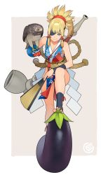 Rule 34 | 1girl, animal on arm, bare shoulders, bird, bird on arm, blonde hair, bracer, closed mouth, eggplant, eyepatch, folding fan, gloves, go robots, grey background, hand fan, hawk, highres, holding, holding fan, knee up, leaning forward, looking at viewer, one eye covered, original, pelvic curtain, ponytail, single glove, smile, standing, toenails, wristband, yellow eyes