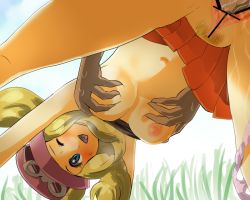 Rule 34 | 10s, 1boy, 1girl, bent over, blonde hair, blue eyes, blush, boris (noborhys), breasts, censored, creatures (company), game freak, grabbing, grabbing another&#039;s breast, grass, happy sex, hat, hetero, large breasts, nintendo, nipples, one eye closed, outdoors, panties, panties around leg, pokemon, pokemon xy, pubic hair, pussy, serena (pokemon), sex, solo focus, topless, underwear, vaginal, wince