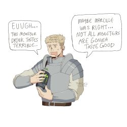 Rule 34 | 1boy, armor, can, commentary, cropped torso, drooling, dungeon meshi, energy drink, english commentary, english text, highres, holding, holding can, laios touden, male focus, monster energy, mouth drool, plate armor, pun, short hair, solo, speech bubble, trudlejack, white background