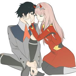 Rule 34 | 10s, 1boy, 1girl, agungmangaka21, black hair, black pantyhose, blue eyes, boots, couple, darling in the franxx, face-to-face, green eyes, hair ornament, hairband, hands on another&#039;s face, highres, hiro (darling in the franxx), horns, long hair, looking at another, military, military uniform, necktie, oni horns, pantyhose, pink hair, red horns, red neckwear, seiza, shoes, short hair, sitting, socks, uniform, white hairband, zero two (darling in the franxx)