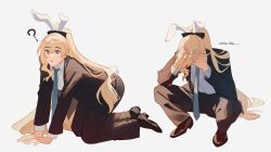 Rule 34 | 1girl, :o, ?, all fours, animal ears, bent over, bianka durandal ataegina, black footwear, black pants, black sleeves, blonde hair, commentary, draw your babygirl (meme), english commentary, english text, formal, hand on floor, hand on own head, high ponytail, highres, honkai (series), honkai impact 3rd, long sleeves, meme, necktie, on floor, pants, ponytail, rabbit ears, shirt, simple background, solo, tuxedo, white background, white shirt, ylceon
