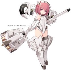 Rule 34 | 1girl, aikawa aika, alice gear aegis, bare shoulders, blush, breasts, cameltoe, commentary request, copyright name, covered navel, elbow gloves, english text, full body, gloves, grey legwear, groin, headgear, highres, holding, holding weapon, karukan (monjya), leotard, looking at viewer, mecha musume, open mouth, pink hair, short hair, simple background, small breasts, smile, solo, tagme, thighs, weapon, white background, white gloves, white leotard
