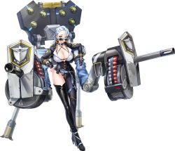Rule 34 | 1girl, absurdres, asymmetrical bodysuit, asymmetrical clothes, blue eyes, boots, breasts, bumcha, cleavage, collar, full body, highres, huge breasts, huge weapon, last origin, long hair, looking at viewer, official art, silver hair, single thigh boot, solo, sonia of devastation, spiked collar, spikes, sunglasses, tachi-e, thigh boots, thighhighs, transparent background, weapon