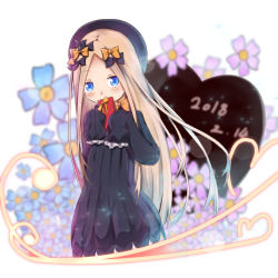 Rule 34 | 1girl, abigail williams (fate), black bow, black dress, black hat, blue eyes, blue flower, blurry, blurry background, blush, bow, box, bug, butterfly, candy, chocolate, chocolate heart, commentary request, covered mouth, dated, depth of field, dress, fate/grand order, fate (series), flower, food, forehead, gift, gift box, gun, hair bow, hat, heart, highres, holding, holding gun, holding weapon, insect, light brown hair, long hair, long sleeves, looking at viewer, orange bow, parted bangs, pink flower, polka dot, polka dot bow, sleeves past fingers, sleeves past wrists, solo, su guryu, valentine, very long hair, weapon, white background