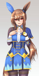 Rule 34 | 1girl, absurdres, admire vega (umamusume), alternate eye color, animal ears, black gloves, blue corset, blue dress, blush, bow, breasts, brown eyes, brown hair, closed mouth, commentary, commentary request, corset, cowboy shot, dress, ear covers, from side, gloves, grey background, hair between eyes, highres, horse ears, horse girl, horse tail, large breasts, long hair, low ponytail, m172/minatsu, open mouth, red eyes, short sleeves, simple background, single ear cover, smile, solo, symbol-only commentary, tail, umamusume, white bow