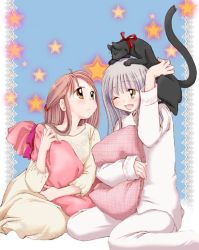 Rule 34 | 2girls, cat, hugging object, multiple girls, original, pajamas, pillow, pillow hug, tagme, tsukiishi