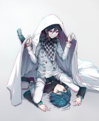 Rule 34 | 2boys, ahoge, black footwear, black jacket, black pants, blanket, boy on top, buttons, checkered clothes, checkered scarf, closed mouth, commentary request, danganronpa (series), danganronpa v3: killing harmony, double-breasted, eye contact, full body, goto (sep), gradient background, green hair, grey background, hands up, highres, jacket, long sleeves, looking at another, looking down, lying, male focus, multiple boys, oma kokichi, on back, pants, saihara shuichi, scarf, shoes, short hair, sitting, sitting on person, smile, straitjacket, striped clothes, striped jacket, white jacket, yaoi