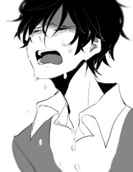 Rule 34 | 1boy, ama (i-ekk), blurry, buttons, cardigan, closed eyes, collared shirt, crying, facing to the side, hair between eyes, kagerou project, kokonose haruka, male focus, messy hair, monochrome, no mole, open collar, open mouth, portrait, sad, shirt, short hair, solo, tears, teeth, tongue, upper body