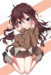 Rule 34 | 10s, 1girl, bad id, bad pixiv id, blue eyes, blush, brown hair, cardigan, dress shirt, empty eyes, hands on own cheeks, hands on own face, ichinose shiki, idolmaster, idolmaster cinderella girls, loafers, long hair, looking at viewer, loose socks, open cardigan, open clothes, pleated skirt, school uniform, shirt, shoes, skirt, smile, socks, solo, yuran