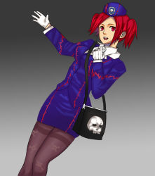 Rule 34 | 1girl, bag, dutch angle, formal, gloves, gradient background, handbag, looking at viewer, pantyhose, red eyes, red hair, short twintails, simple background, skirt, skirt suit, skull and crossbones, skull print, smile, solo, suit, tour guide from the underworld, twintails, white gloves, yu-gi-oh!, yu-gi-oh! duel monsters