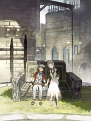 Rule 34 | 1boy, 1girl, bandages, barefoot, bird, black hair, closed eyes, closed mouth, commentary, dress, highres, holding hands, horns, ico, ico (character), pointy ears, sandals, sasumata jirou, short hair, sitting, stick, tabard, weapon, white dress, yorda