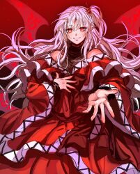 Rule 34 | 1girl, absurdres, bare shoulders, black sash, black undershirt, capelet, commentary request, cowboy shot, demon wings, dress, gradient background, grey hair, grin, hair bobbles, hair ornament, hand on own chest, highres, kuya (hey36253625), long hair, long sleeves, looking at viewer, multiple wings, off-shoulder dress, off shoulder, outstretched hand, pointy ears, red background, red capelet, red dress, red eyes, sash, shinki (touhou), side ponytail, smile, solo, touhou, touhou (pc-98), very long hair, wavy hair, wide sleeves, wings
