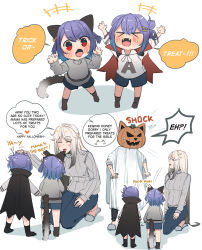 Rule 34 | 4girls, absurdres, animal ears, cape, cat ears, cat tail, comic, english text, family, genshin impact, halloween costume, highres, hinagi (fox priest), if they mated, keqing (genshin impact), long hair, mother and daughter, multiple girls, ningguang (genshin impact), pants, pumpkin on head, purple hair, ribbed sweater, slippers, smile, sweater, tail, vampire costume, very long hair