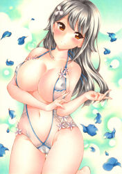 Rule 34 | 1girl, azur lane, blush, breasts, brown eyes, cameltoe, choukai (azur lane), cleavage, closed mouth, collarbone, covered erect nipples, grey hair, groin, hair between eyes, hair ornament, hand up, highres, large breasts, long hair, looking at viewer, navel, one-piece swimsuit, saya pr, sidelocks, smile, solo, stomach, swimsuit, thighs