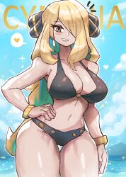 Rule 34 | 1girl, absurdres, alternate eye color, bare shoulders, bikini, black bikini, blonde hair, blue sky, blush stickers, bracelet, breasts, character name, cleavage, cloud, collarbone, cowboy shot, creatures (company), cynthia (pokemon), day, earrings, eyelashes, game freak, hair ornament, hair over one eye, hand on own hip, heart, highres, jewelry, large breasts, long hair, looking at viewer, navel, nintendo, ocean, open mouth, outline, pokemon, pokemon dppt, sky, smile, solo, sparkle, speech bubble, spoken heart, standing, swimsuit, thick thighs, thigh gap, thighs, tony welt, water, white outline, wide hips, yellow eyes