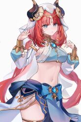 Rule 34 | 1girl, blue bow, blue gemstone, blue skirt, bow, bracer, breasts, brooch, circlet, gem, genshin impact, gold trim, hands up, harem outfit, highres, horns, jewelry, long hair, long sleeves, medium breasts, muki (muki kunxd), navel, neck ring, nilou (genshin impact), parted bangs, parted lips, puffy long sleeves, puffy sleeves, red hair, simple background, skirt, solo, stomach, thighlet, thighs, veil, white background, white headwear, white sleeves