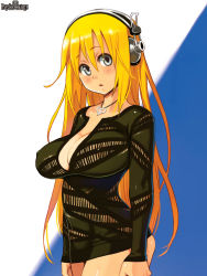 Rule 34 | 1girl, blonde hair, breasts, character request, cleavage, covered erect nipples, cowboy shot, dress, grey eyes, hair between eyes, headphones, heart, heart necklace, jewelry, large breasts, logo, long hair, long sleeves, looking at viewer, necklace, non-web source, official art, psychic hearts, ryoji (nomura ryouji), see-through, solo, tight clothes, tight dress, very long hair