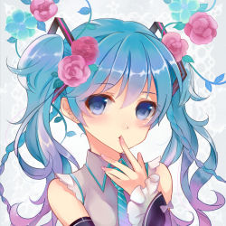Rule 34 | 1girl, aqua hair, bad id, bad pixiv id, blue eyes, detached sleeves, earrings, finger to mouth, flower, hatsune miku, jewelry, necktie, solo, tukino (panna), twintails, upper body, vocaloid