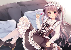 Rule 34 | 1girl, :o, bloomers, blush, bow, breasts, brown bow, brown dress, brown footwear, brown hair, candy, collared shirt, commentary request, couch, dress, dress shirt, food, frilled dress, frilled hairband, frills, fujikura ryuune, hair between eyes, hair bow, hairband, hand up, head tilt, high heels, holding, holding candy, holding food, holding lollipop, lolita fashion, lollipop, long hair, long sleeves, looking at viewer, original, pantyhose, parted lips, pillow, red eyes, ribbon-trimmed hairband, shirt, shoes, sleeves past wrists, small breasts, solo, two side up, underwear, very long hair, white bloomers, white pantyhose, white shirt