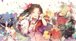Rule 34 | 1boy, 1girl, :d, ^ ^, aerith gainsborough, birthday cake, blush, bomb (final fantasy), breasts, brown hair, rabbit, cake, chocobo, choker, cleavage, cloak, closed eyes, cloud strife, commentary, confetti, cosplay, cropped jacket, dress, closed eyes, final fantasy, final fantasy vii, flower, food, frog, gift, hair flower, hair intakes, hair ornament, happy birthday, highres, jacket, kieta, long hair, malboro, medium breasts, moogle, open clothes, open jacket, open mouth, photoshop (medium), pink dress, revision, sabotender, smile, square enix, tonberry, tonberry (cosplay), twintails, upper body