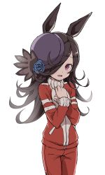 Rule 34 | 1girl, absurdres, black hair, commentary request, hair over one eye, hands up, highres, jacket, long hair, looking at viewer, open mouth, own hands together, pants, purple eyes, red jacket, red pants, rice shower (umamusume), simple background, solo, standing, track jacket, track pants, track suit, umamusume, very long hair, white background, yamamoto souichirou