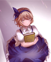 Rule 34 | 1girl, alice margatroid, alice margatroid (pc-98), blonde hair, blue dress, blush, book, collar, crescent, crescent moon, dress, eredhen, expressionless, frilled collar, frilled dress, frills, gradient background, hairband, holding, holding book, light, looking up, moon, puffy short sleeves, puffy sleeves, shadow, short hair, short sleeves, solo, standing, star (symbol), touhou, yellow eyes