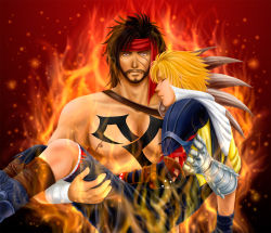 Rule 34 | 00s, 2boys, age difference, bandages, beard, black hair, blonde hair, brown eyes, carrying, dissidia final fantasy, closed eyes, facial hair, family, father and son, final fantasy, final fantasy x, gloves, headband, jecht, multiple boys, scar, topless male, tidus, tukineko-c
