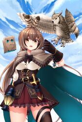 Rule 34 | 1girl, absurdres, bag, bird, breasts, brown cape, brown corset, brown eyes, brown gloves, brown hair, cape, commentary, corset, djloops, feather hair ornament, feathers, friend (nanashi mumei), gloves, hair ornament, highres, hololive, hololive english, knife, lantern, long hair, medium breasts, miniskirt, nanashi mumei, nanashi mumei (1st costume), owl, paper bag, ponytail, sheath, sheathed, single thighhigh, skirt, solo, thigh strap, thighhighs, virtual youtuber