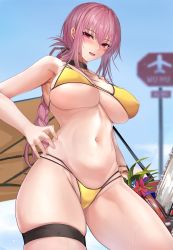 Rule 34 | 1girl, bare shoulders, bikini, blue sky, blush, braid, breasts, choker, cleavage, collarbone, commentary, covered erect nipples, cowboy shot, day, english commentary, fate/grand order, fate (series), florence nightingale (chaldea lifesavers) (fate), florence nightingale (fate), flower, hair between eyes, hair ribbon, hand on own hip, has bad revision, highleg, highleg bikini, large breasts, long hair, looking at viewer, misaka 12003-gou, multi-strapped bikini, navel, open mouth, outdoors, pink eyes, pink hair, red eyes, ribbon, sidelocks, single braid, skindentation, sky, smile, solo, standing, stomach, string bikini, sweat, swimsuit, thigh strap, thighs, underboob, very long hair, wide hips, yellow bikini