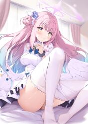 Rule 34 | 1girl, absurdres, blue archive, finger to mouth, highres, hino kagutsuki, long hair, looking at viewer, mika (blue archive), pink hair, smile, solo, wings, yellow eyes
