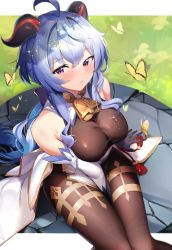 Rule 34 | 1girl, absurdres, ahoge, bell, between legs, black gloves, blue hair, blush, bodysuit, bodysuit under clothes, breasts, brown bodysuit, bug, butterfly, cleavage cutout, clothing cutout, commentary request, cowbell, detached sleeves, fantongjun, from above, ganyu (genshin impact), genshin impact, gloves, goat horns, hand between legs, highres, horns, insect, large breasts, legs, long hair, looking at viewer, pink eyes, sitting, solo, sweat, thighs