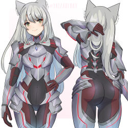 Rule 34 | 1girl, animal ear fluff, animal ears, armor, artist name, ass, black bodysuit, bodysuit, cat ears, closed mouth, commentary, covered navel, english commentary, eyelashes, grey hair, hand on own hip, highres, long hair, m (xenoblade), multiple views, red bodysuit, shoulder armor, simple background, smile, twitter username, two-tone bodysuit, white background, xenoblade chronicles (series), xenoblade chronicles 3, yaizaberry, yellow eyes