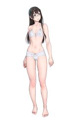 Rule 34 | 1girl, bare legs, bare shoulders, barefoot, black hair, blush, bra, breasts, closed mouth, commentary request, full body, glasses, highres, kantai collection, lace, lace-trimmed bra, lace-trimmed panties, lace trim, long hair, looking to the side, navel, o-ring, o-ring bottom, ooyodo (kancolle), panties, simple background, small breasts, smile, solo, standing, stomach, underwear, underwear only, white background, white bra, white panties, yuuji (and)